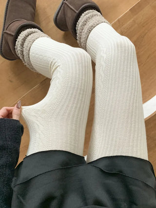 Cable Ribbed Pattern Footed Leggings Tights Stockings