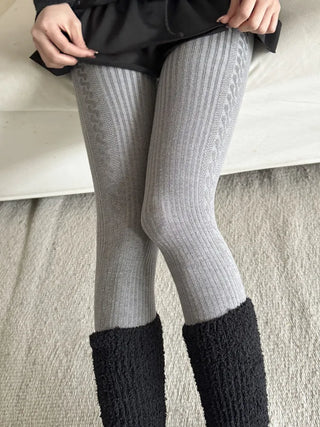 Cable Ribbed Pattern Footed Leggings Tights Stockings
