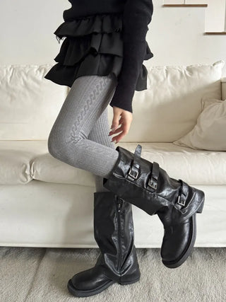 Cable Ribbed Pattern Footed Leggings Tights Stockings