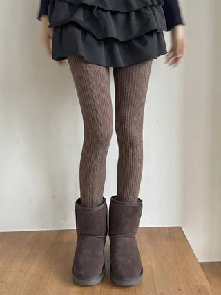 Cable Ribbed Pattern Footed Leggings Tights Stockings
