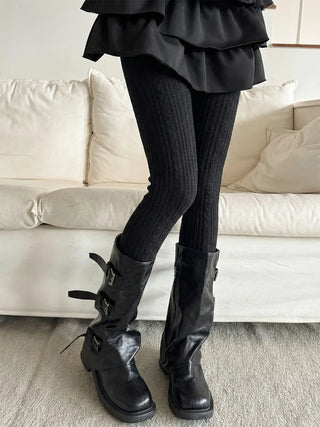Cable Ribbed Pattern Footed Leggings Tights Stockings