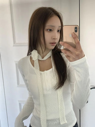 Flora Knit Punching Slim Long Scarf Tie Muffler