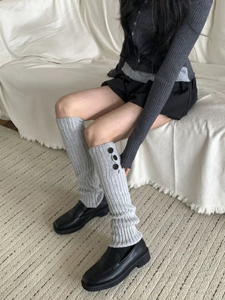 Naname Slit Button Knit Long Leg Warmers