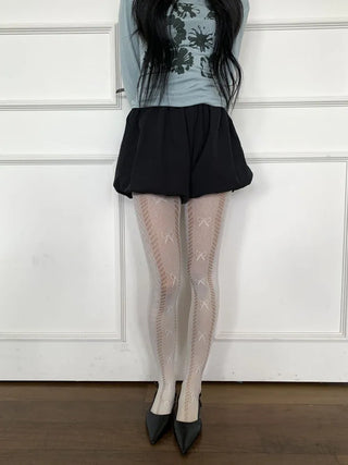 Ribbon Cable Pattern Color Mesh Waist Pantyhose