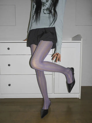 Ribbon Cable Pattern Color Mesh Waist Pantyhose