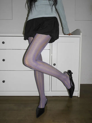 Ribbon Cable Pattern Color Mesh Waist Pantyhose