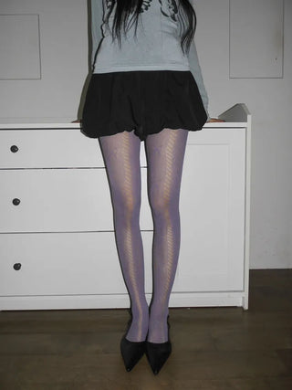 Ribbon Cable Pattern Color Mesh Waist Pantyhose
