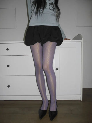 Ribbon Cable Pattern Color Mesh Waist Pantyhose