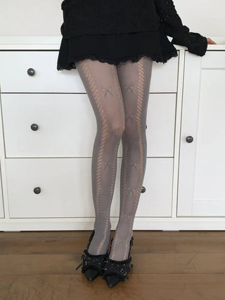 Ribbon Cable Pattern Color Mesh Waist Pantyhose