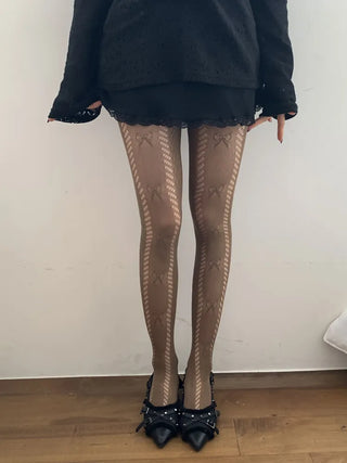 Ribbon Cable Pattern Color Mesh Waist Pantyhose