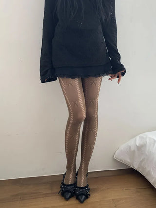 Ribbon Cable Pattern Color Mesh Waist Pantyhose