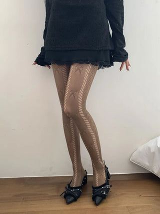Ribbon Cable Pattern Color Mesh Waist Pantyhose