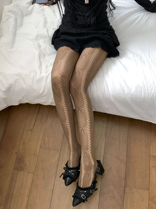 Ribbon Cable Pattern Color Mesh Waist Pantyhose