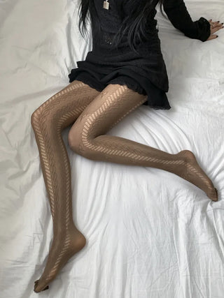 Ribbon Cable Pattern Color Mesh Waist Pantyhose