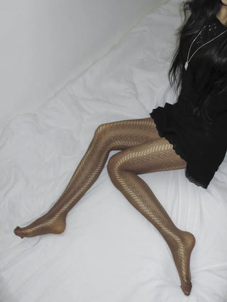 Ribbon Cable Pattern Color Mesh Waist Pantyhose