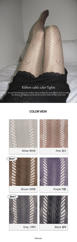 Ribbon Cable Pattern Color Mesh Waist Pantyhose