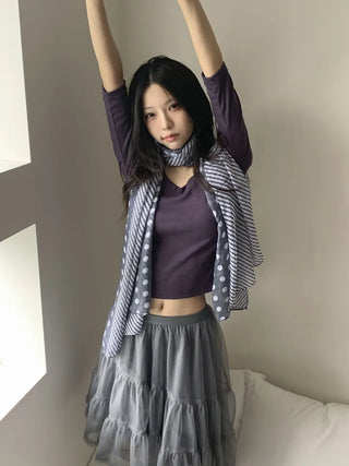 Blue Mix Pattern Dot Stripe Big Muffler Long Scarf