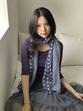 Blue Mix Pattern Dot Stripe Big Muffler Long Scarf