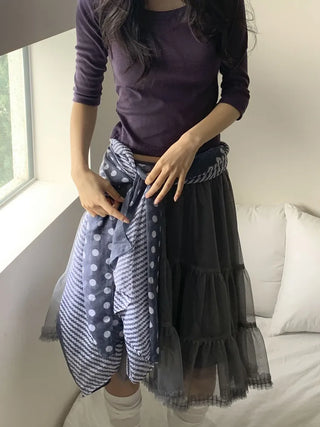 Blue Mix Pattern Dot Stripe Big Muffler Long Scarf