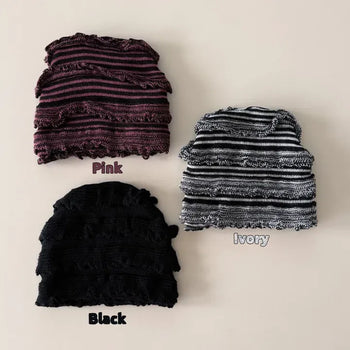Striped Crash Ruffle Knit Beanie Hat