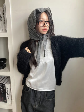 Line Punching Stripe Knit Triangle Bandana Scarf