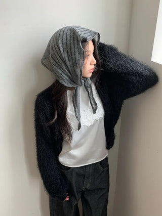 Line Punching Stripe Knit Triangle Bandana Scarf