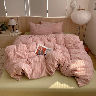 Pastel Pink Striped Cotton Duvet Cover Set