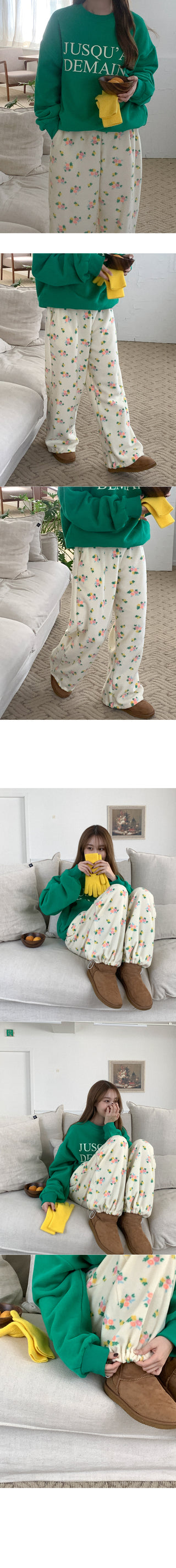 Fleece Flower Elastic Waist Pants