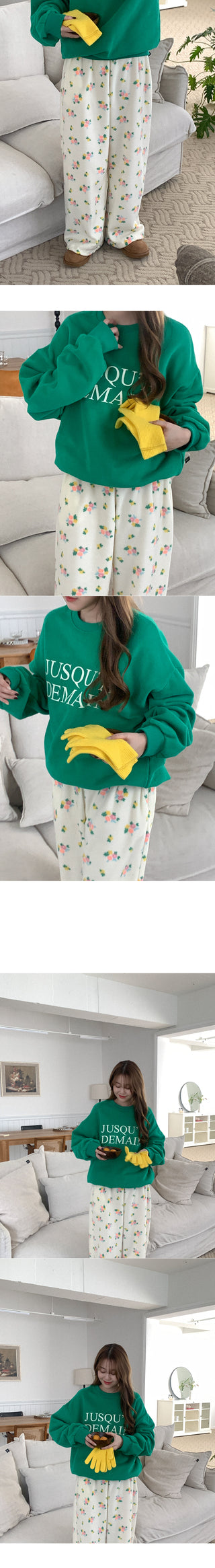 Fleece Flower Elastic Waist Pants