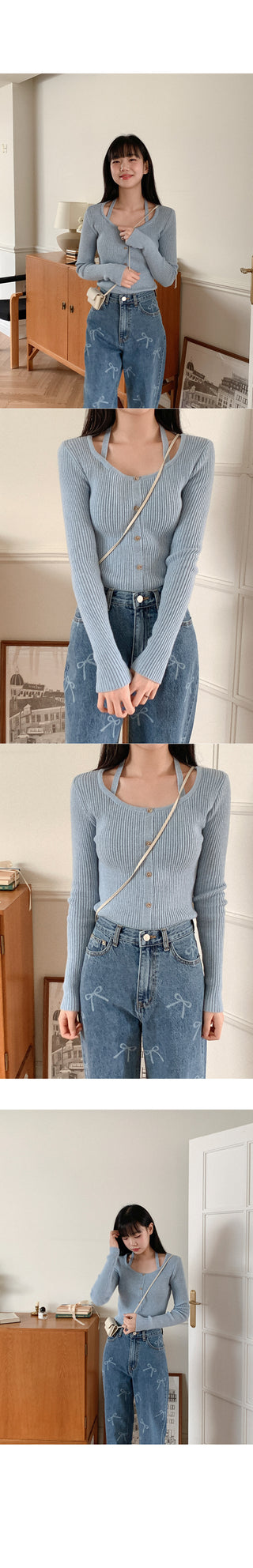 Ribbon pattern wide denim pants