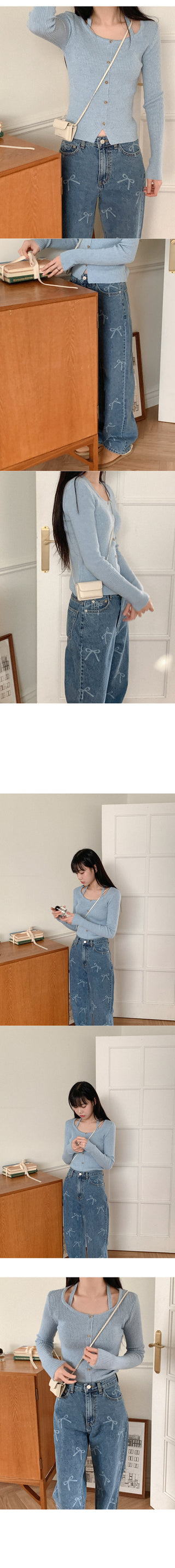 Ribbon pattern wide denim pants