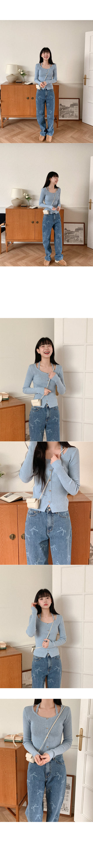 Ribbon pattern wide denim pants