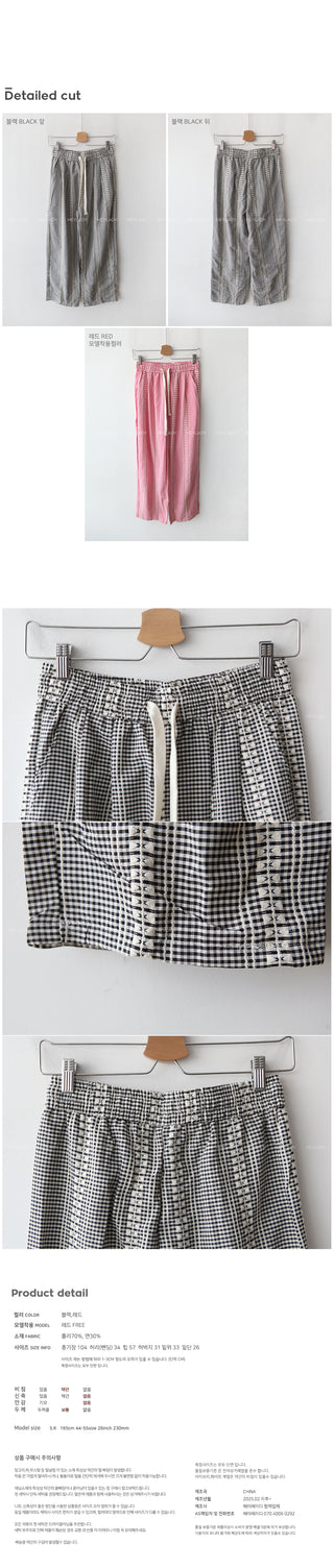 Wide check elastic waist pants