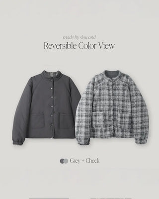 Down jacket x fleece reversible high-neck jacket