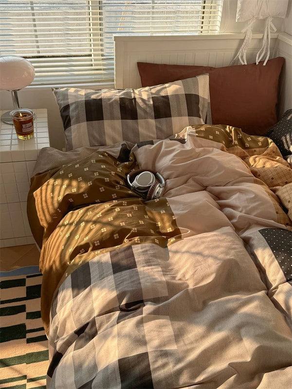 Preppy Brown Patchwork Cotton Bedding Set