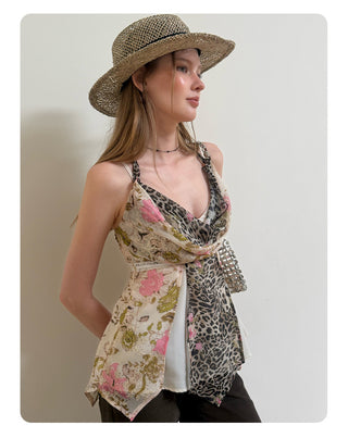 [NECY] Floral Leopard Layer Halter Camisole Top