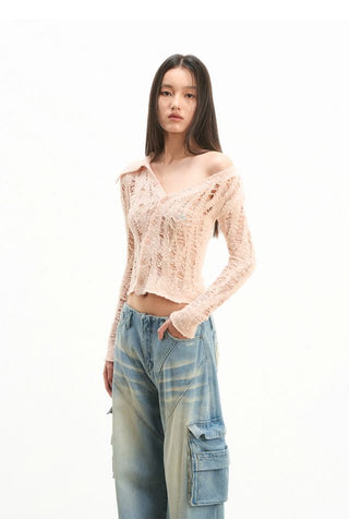 [NOTAWEAR] Asymmetric Off-shoulder Hollow  Cardigan