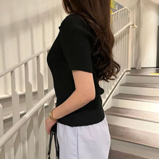 Colored Zipper Short-Sleeve Knit Cardigan