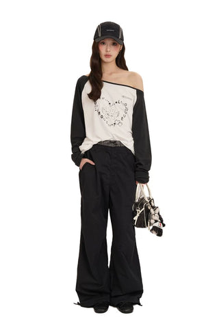 [Moromoro2] Y2K Bunny Print Wide Neckline Raglan  Tee