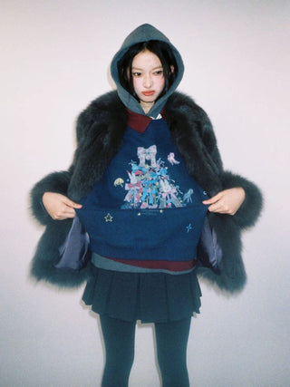 [Moromoro2] Bow Print Layered Hooded  Sweatshirt