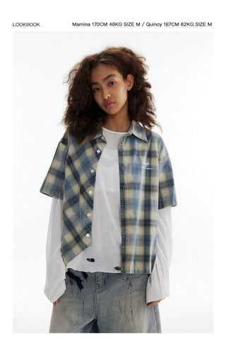 CONP Asymmetric bias-cut plaid shirt (blue)