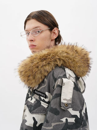 [MASONPRINCE] Camouflage Fur Collar Oversized Parka Coat