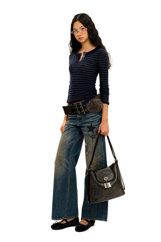 [Moromoro2] Striped Mesh Lace Knit Set