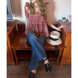 Checked ribbon blouse