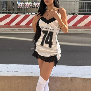 Lace hem v neck print backless cami mini dress