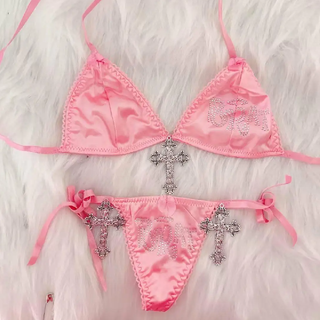 Halter cross applique self tie short pant set