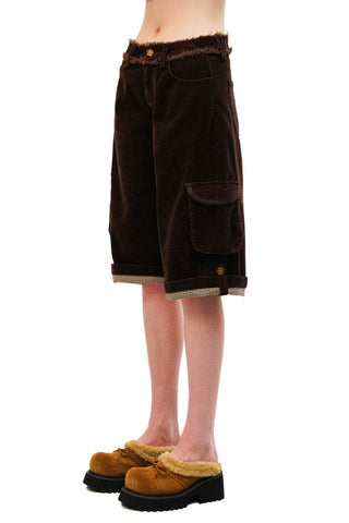 [Moromoro2] Distressed Plaid Corduroy Cargo  Pants