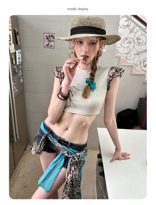 [NECY] New Vintage Floral Leopard Ribbon Denim Shorts