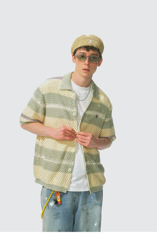 [Monterest] Open Knit Striped Short Sleeve Cardigan