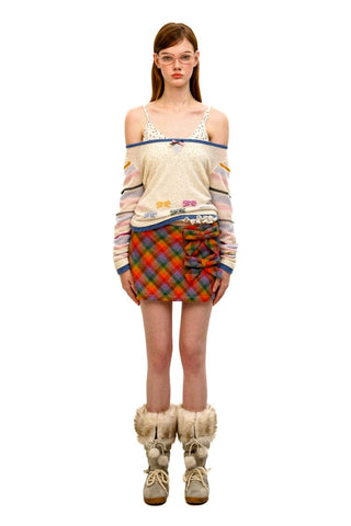 [Moromoro2] Wool Plaid Bow Mini Skirt